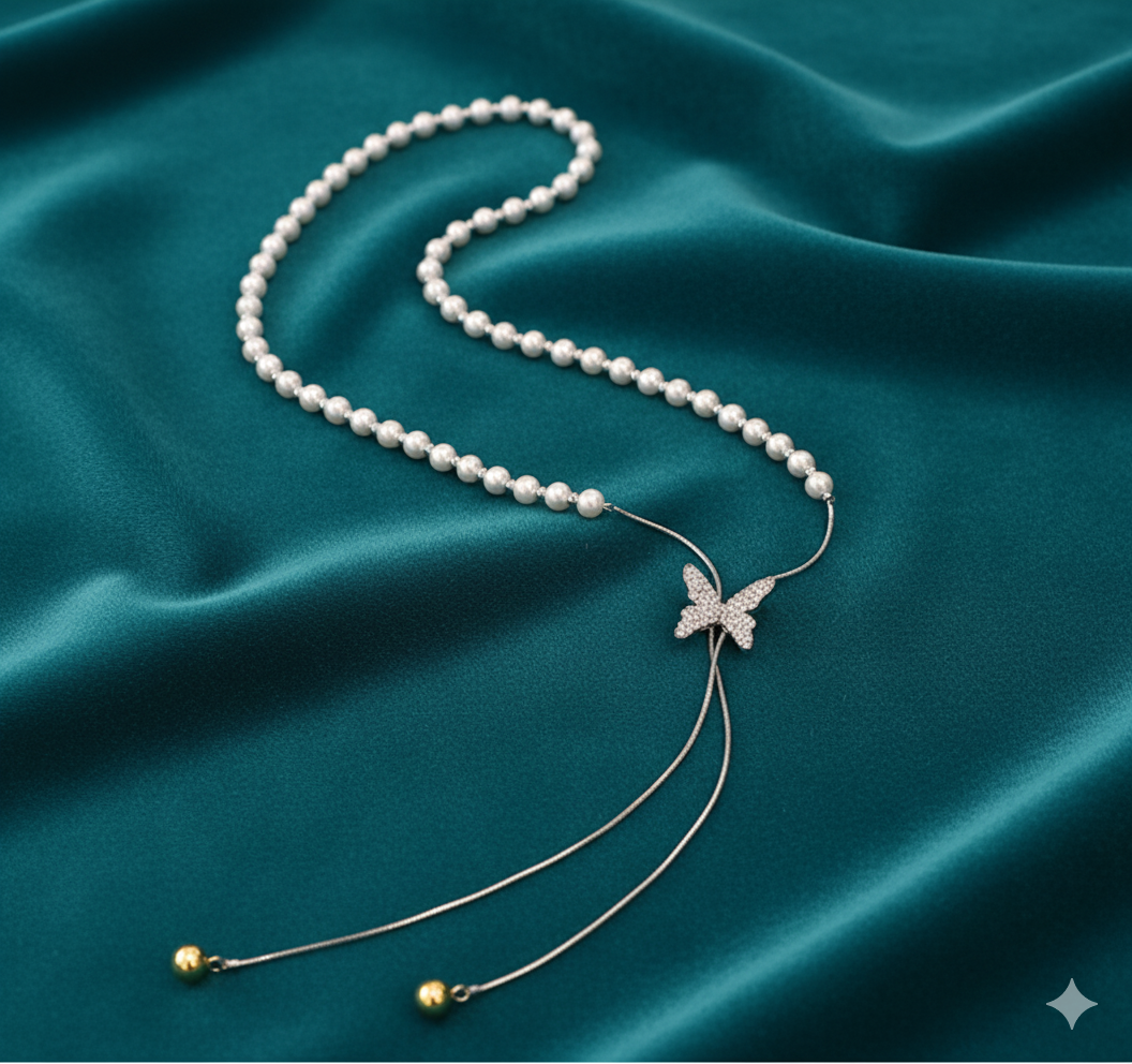 Yu Fashions Butterfly Adjustable Metal Ball Drop Pearl Crystal Korean Pendant Necklace